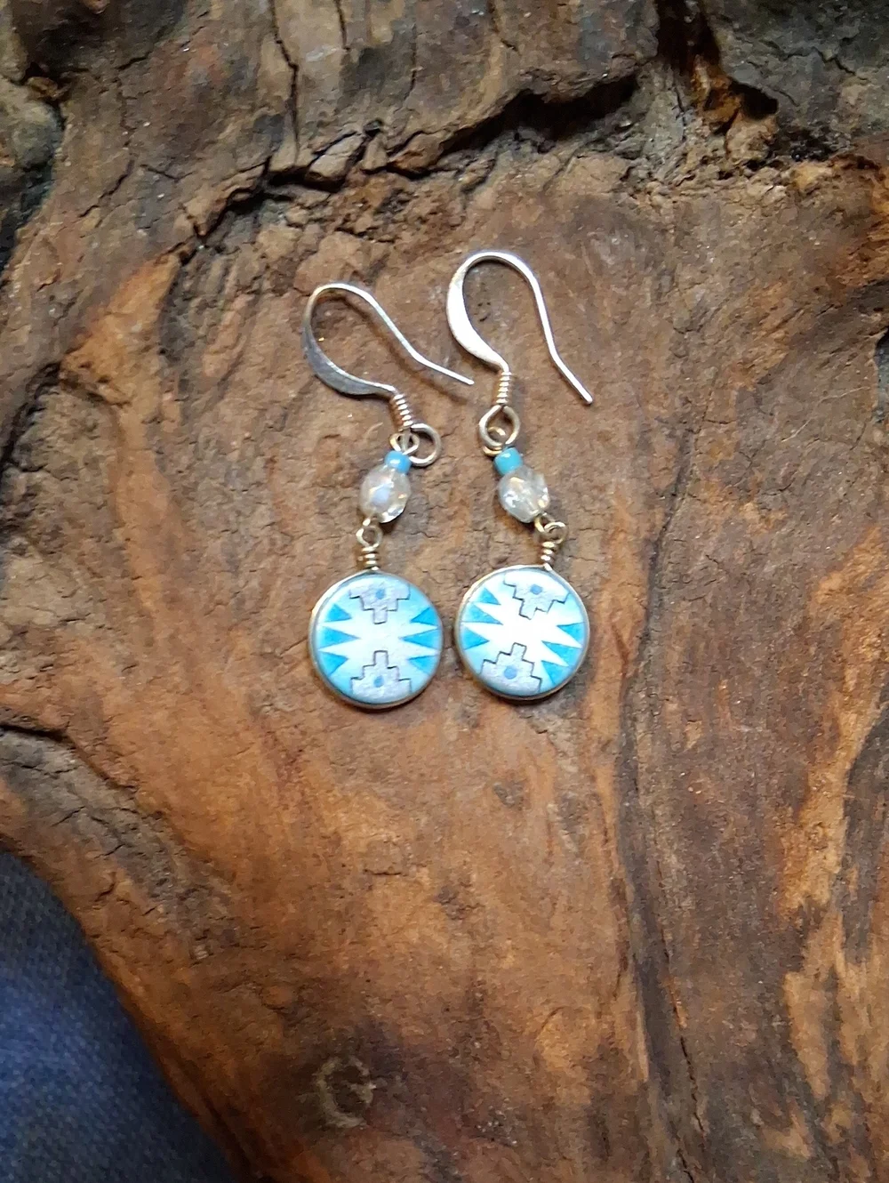 Vintage Turquoise and White Enamel Geometric Drop Earrings